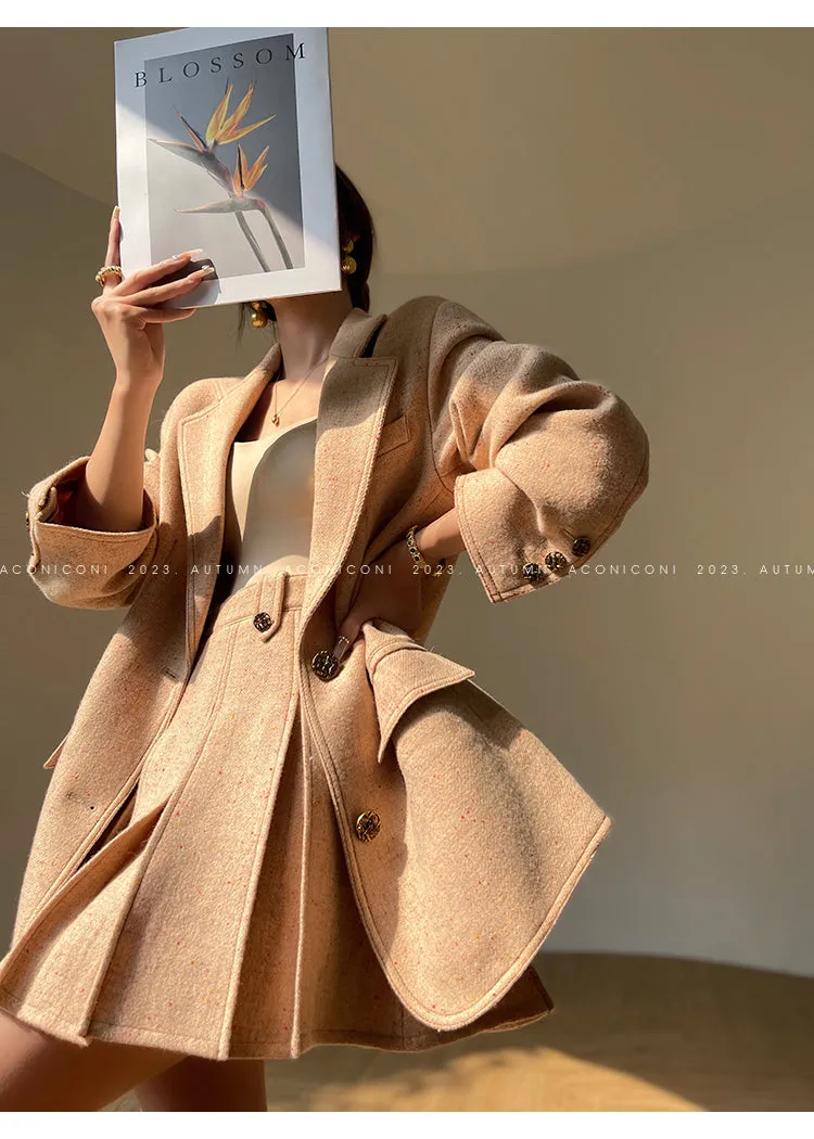 Aconiconi Girl Full wool French long sleeve Blazer pleated skirt - Maillard