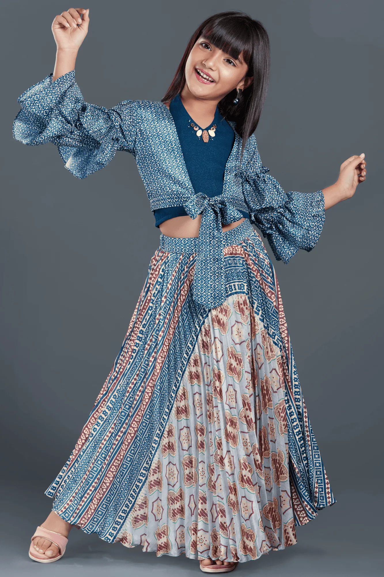 Blue Block Printed Skirt Set With Bulgarian Sleeves Overcoat and Crop Top For Girls