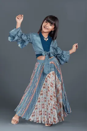 Blue Block Printed Skirt Set With Bulgarian Sleeves Overcoat and Crop Top For Girls