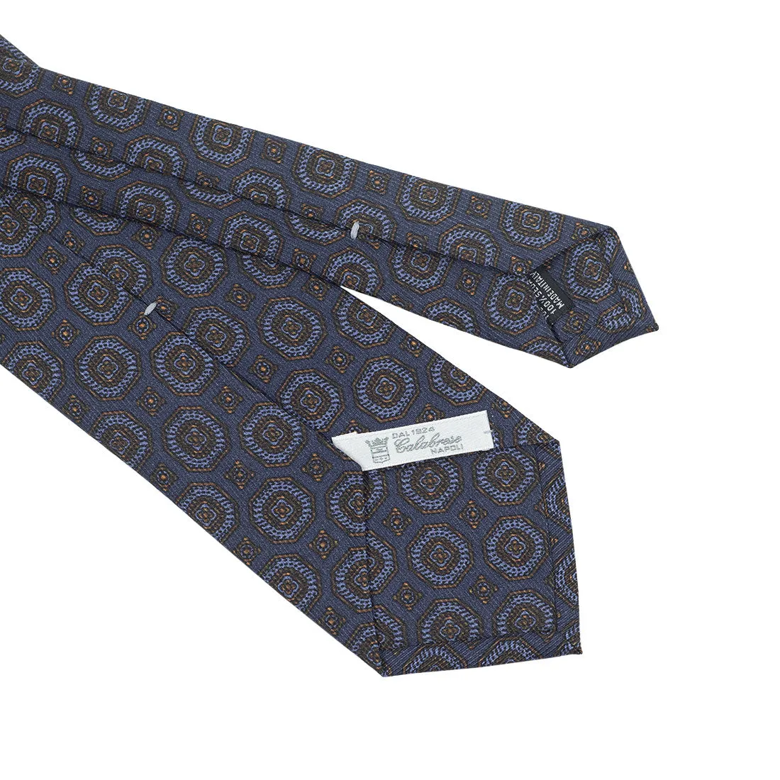 Blue silk twill tie, brown and blue large archival print