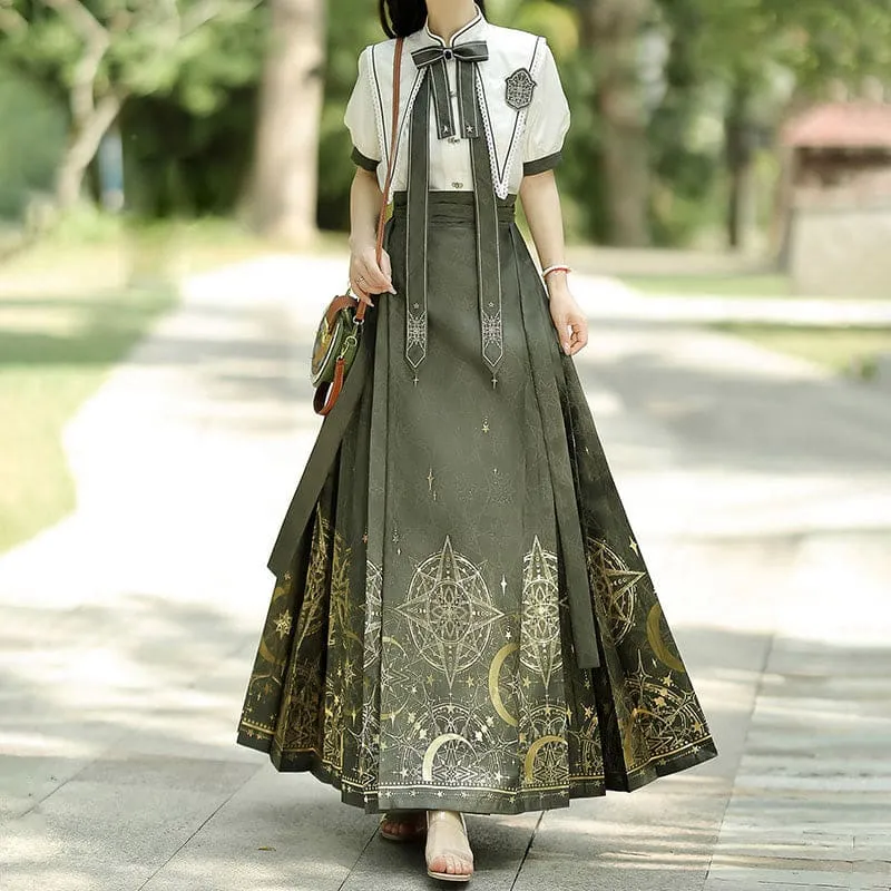 Bowknot Shirt High Waist Vintage Print Pleated Skirt