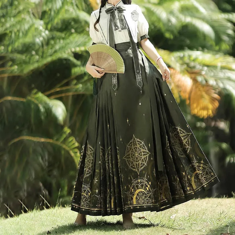 Bowknot Shirt High Waist Vintage Print Pleated Skirt