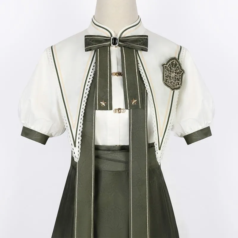 Bowknot Shirt High Waist Vintage Print Pleated Skirt