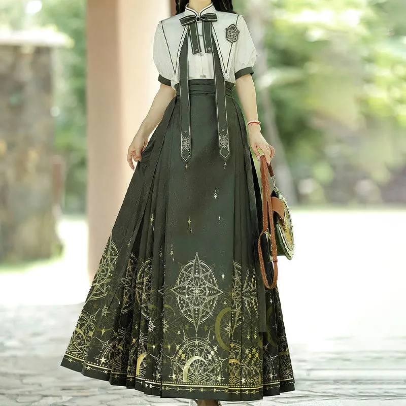 Bowknot Shirt High Waist Vintage Print Pleated Skirt