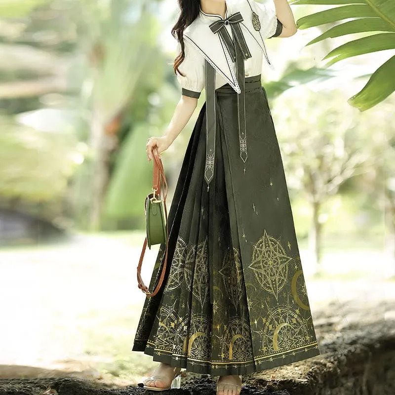 Bowknot Shirt High Waist Vintage Print Pleated Skirt