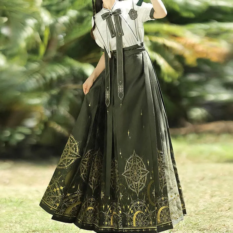 Bowknot Shirt High Waist Vintage Print Pleated Skirt
