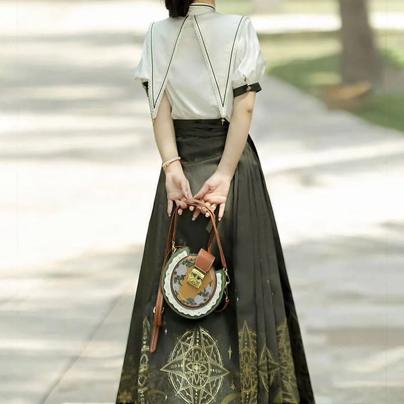 Bowknot Shirt High Waist Vintage Print Pleated Skirt