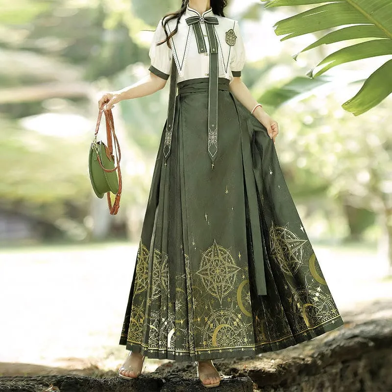Bowknot Shirt High Waist Vintage Print Pleated Skirt