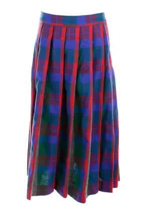 Colorful Pleated Purple Plaid Wool Vintage Midi Skirt