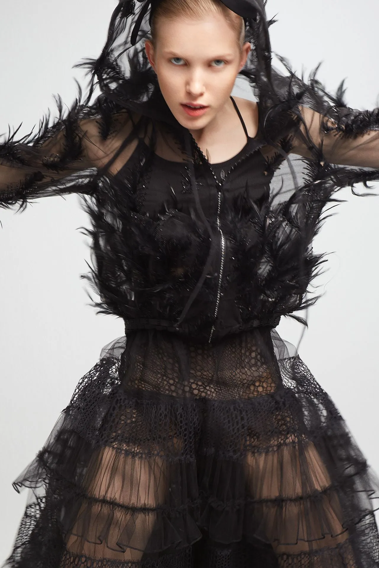 Embroidered Tulle Bomber Jacket with A-line Skirt