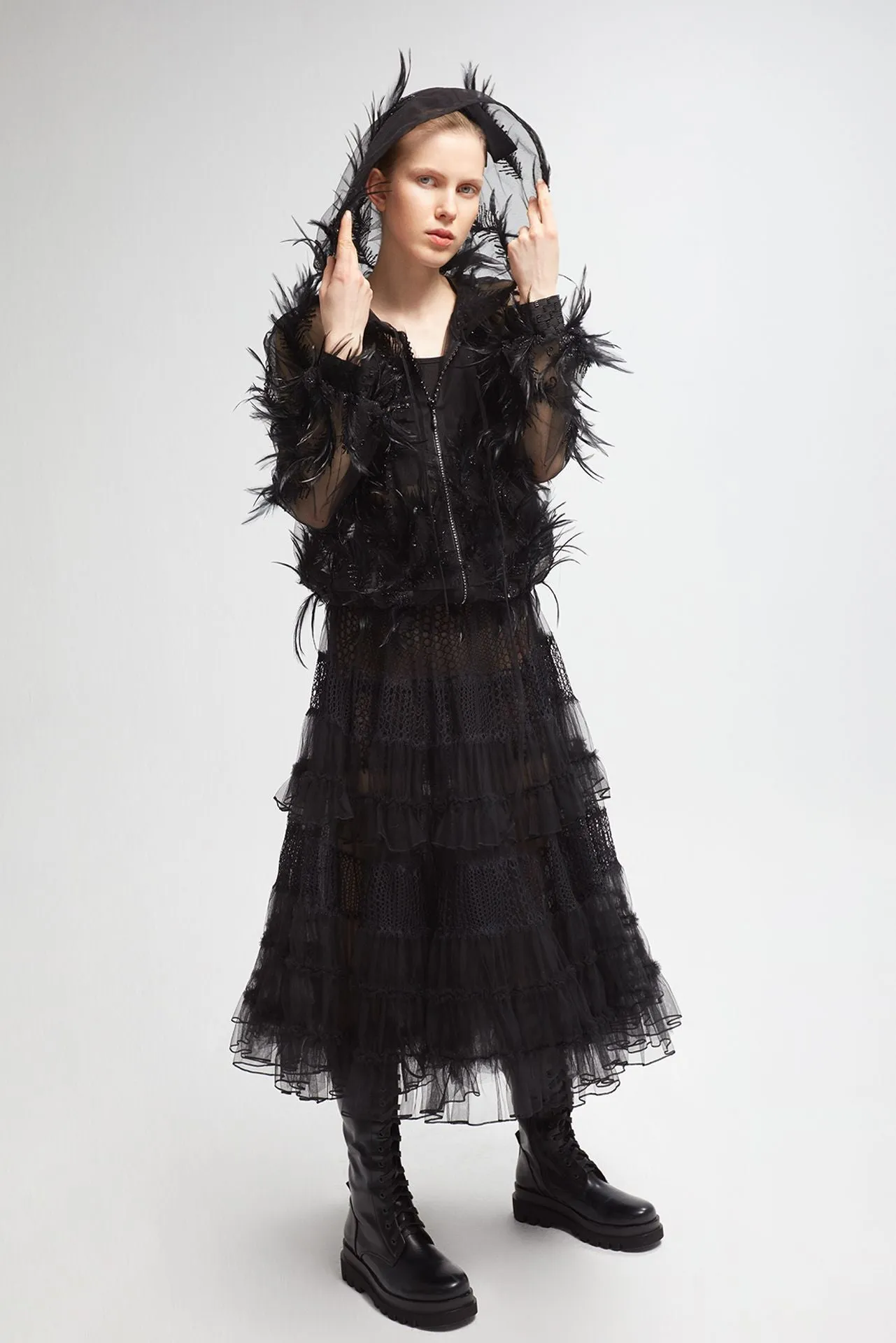 Embroidered Tulle Bomber Jacket with A-line Skirt