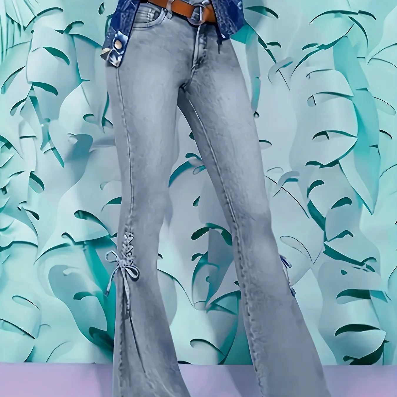 Fashionable Womens Plus Size Flared Jeans - Plus Washed Button Fly with Romantic Lace Up Detail - Super Stretch Denim for a Dramatic Look
