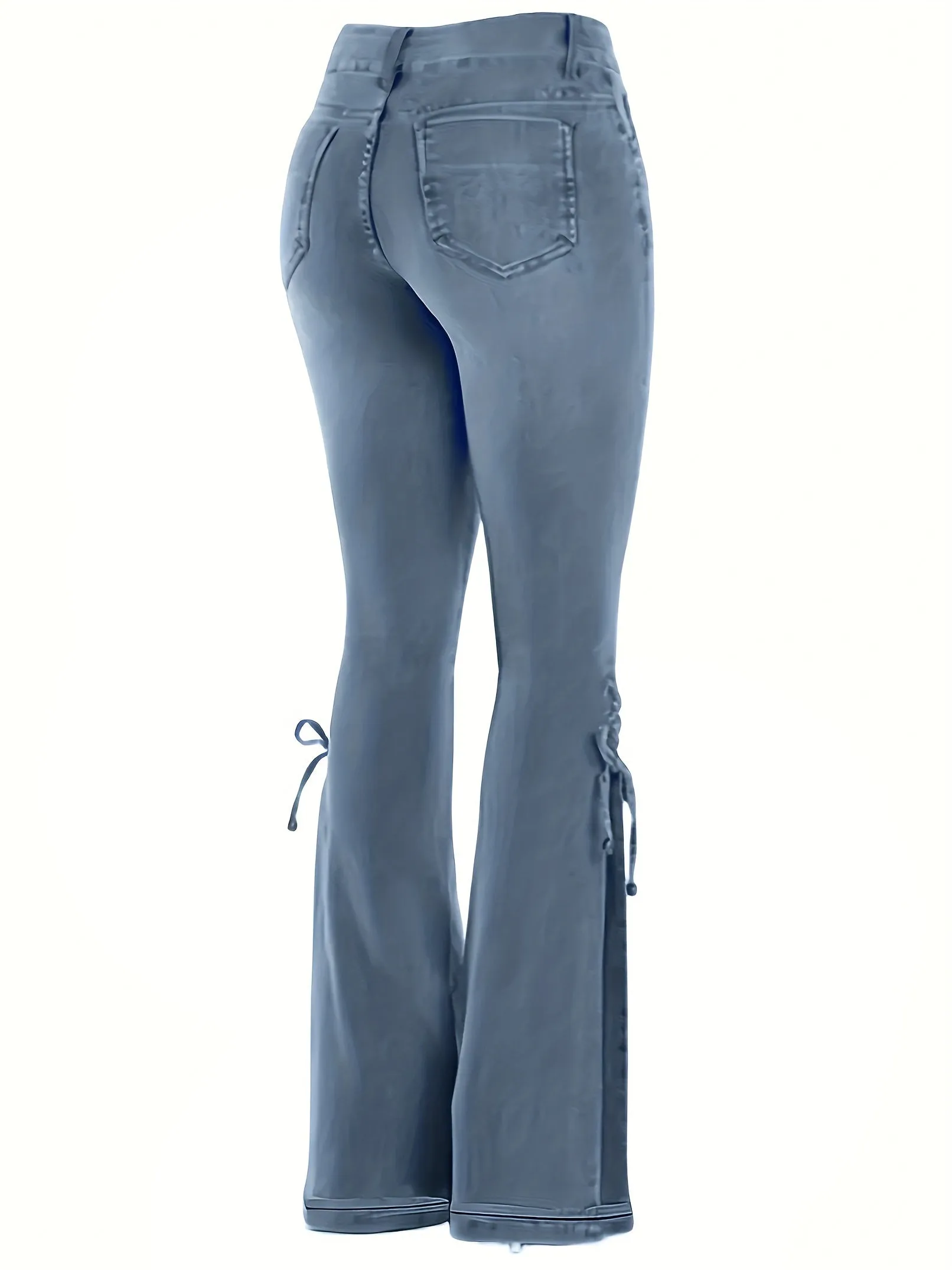 Fashionable Womens Plus Size Flared Jeans - Plus Washed Button Fly with Romantic Lace Up Detail - Super Stretch Denim for a Dramatic Look