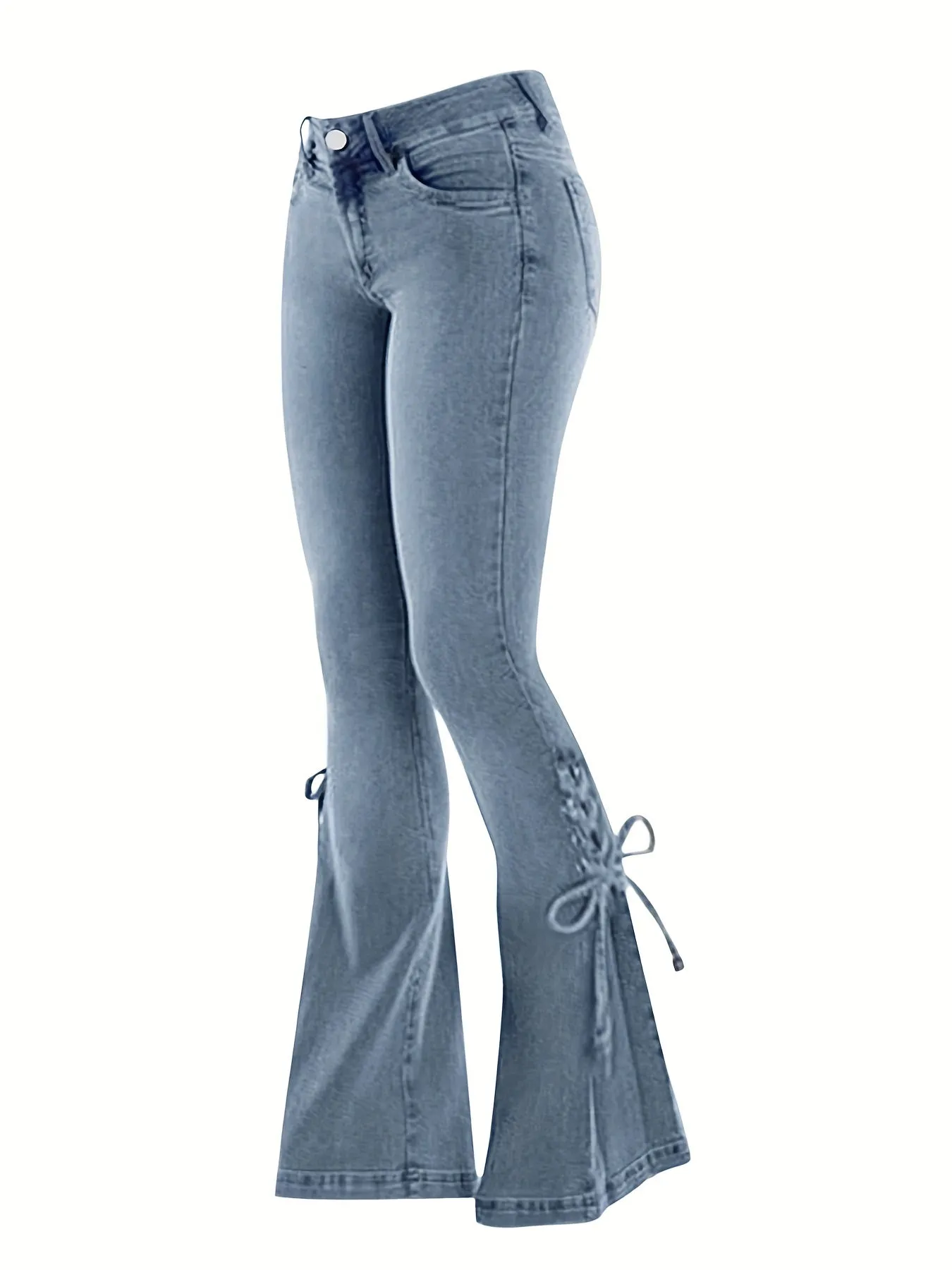 Fashionable Womens Plus Size Flared Jeans - Plus Washed Button Fly with Romantic Lace Up Detail - Super Stretch Denim for a Dramatic Look