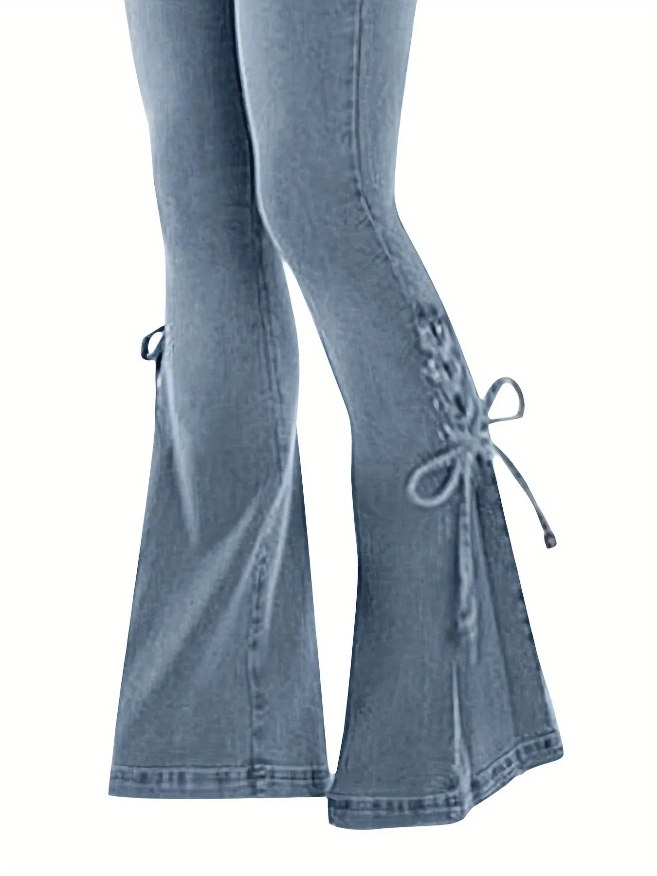 Fashionable Womens Plus Size Flared Jeans - Plus Washed Button Fly with Romantic Lace Up Detail - Super Stretch Denim for a Dramatic Look