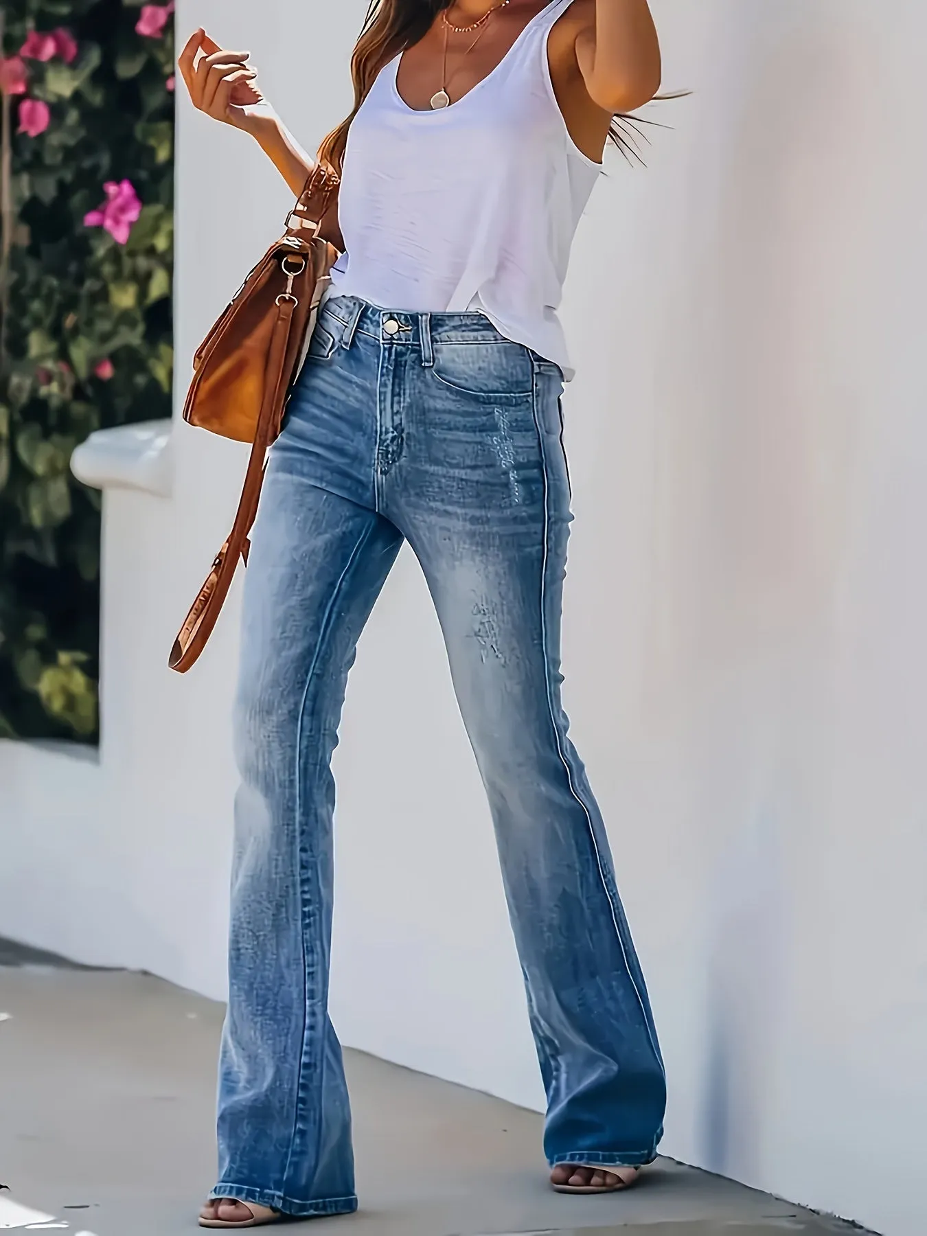 High-Waisted Flared Blue Jeans - Stretchy Cotton Blend Denim, Fashion Washed, Bell Bottom Style with Pockets, Machine Washable, All-Season Wear, Solid Color, No Printing, Woven Fabric, Casual Fashion Essentials for Women