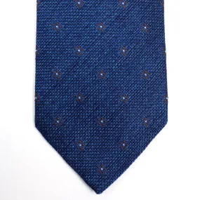 Marled blue coarsely woven silk tie, brown flower motifs