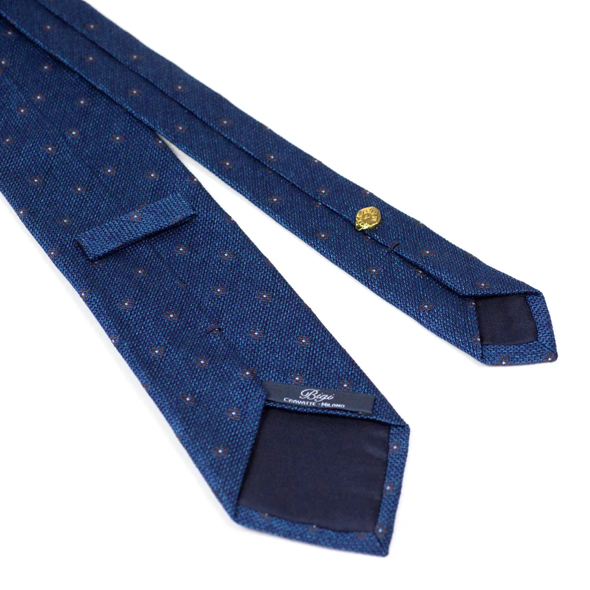 Marled blue coarsely woven silk tie, brown flower motifs
