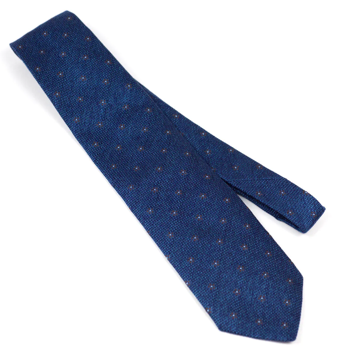 Marled blue coarsely woven silk tie, brown flower motifs