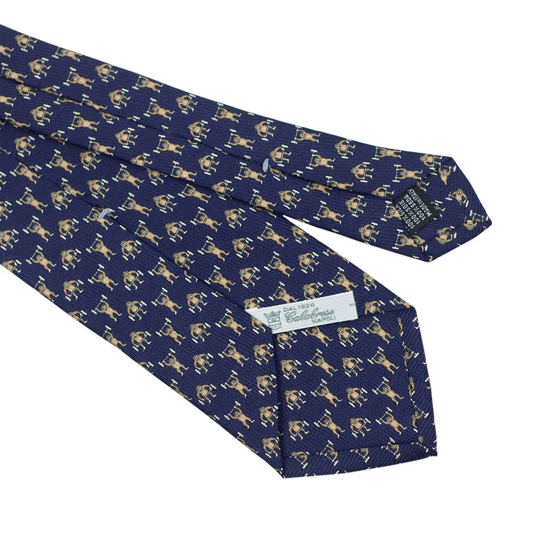Navy silk twill tie, weightlifting monkeys print