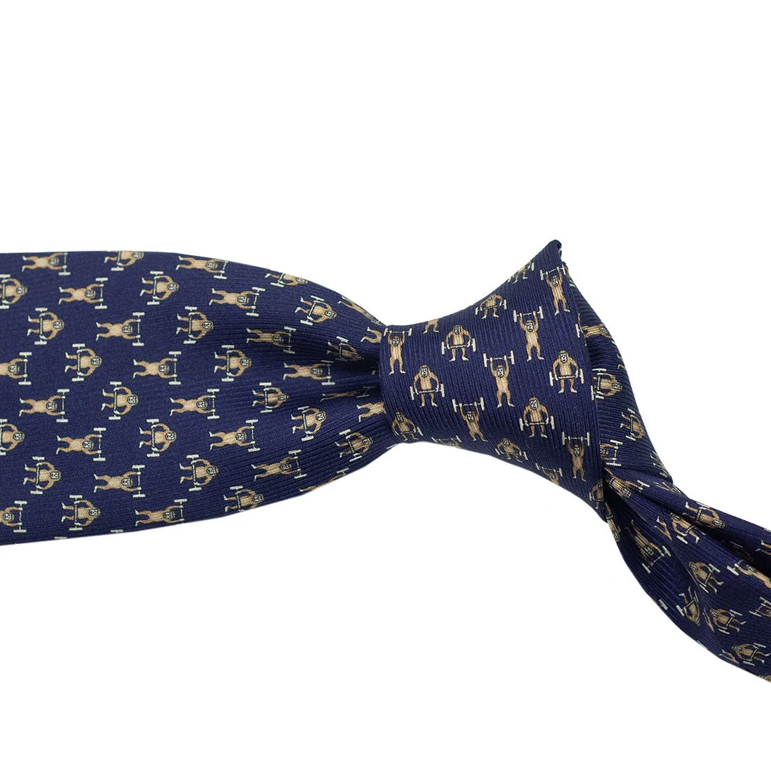Navy silk twill tie, weightlifting monkeys print