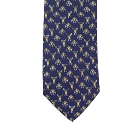Navy silk twill tie, weightlifting monkeys print