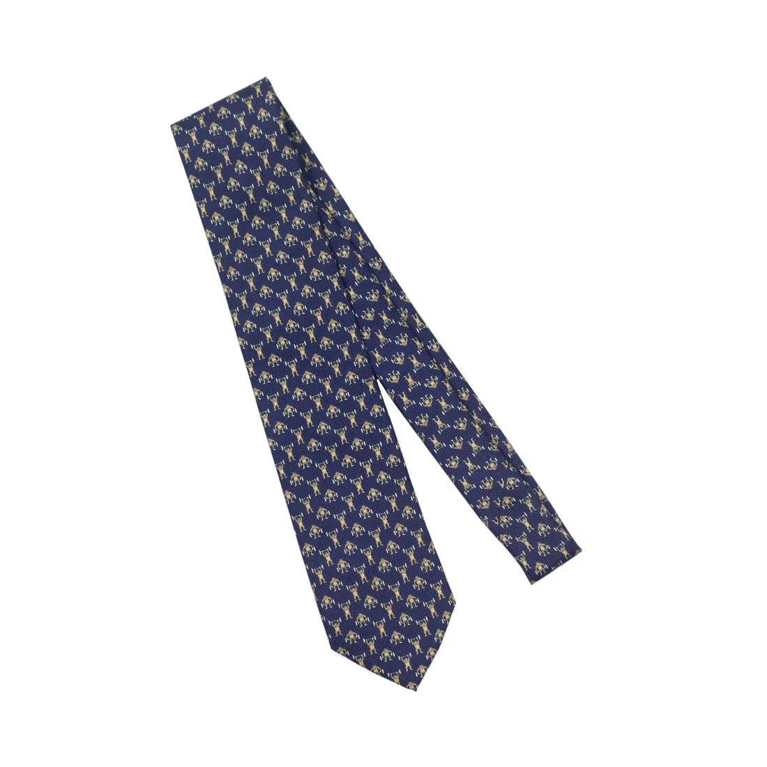 Navy silk twill tie, weightlifting monkeys print
