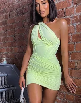 Purpdrank - One Shoulder Mesh Sexy Bodycon Dresses Women  White Pleated Mini Summer Dress Vestidos Elegant Club Party Dresses