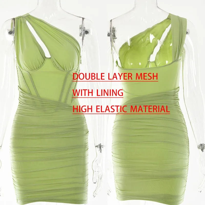 Purpdrank - One Shoulder Mesh Sexy Bodycon Dresses Women  White Pleated Mini Summer Dress Vestidos Elegant Club Party Dresses