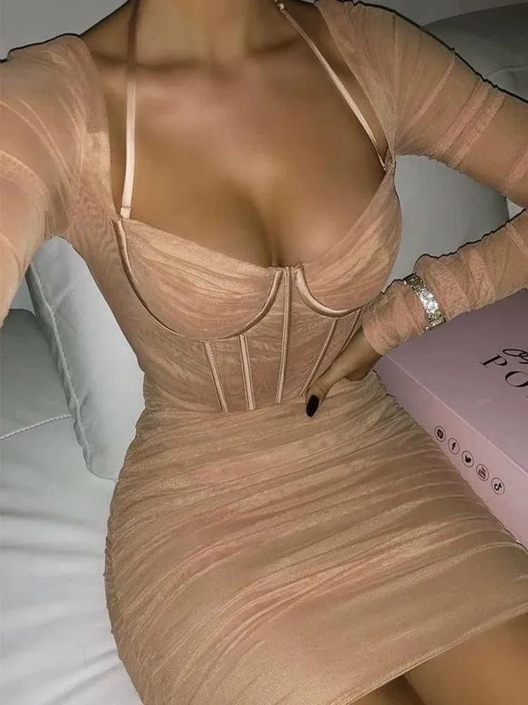 Purpdrank - One Shoulder Mesh Sexy Bodycon Dresses Women  White Pleated Mini Summer Dress Vestidos Elegant Club Party Dresses
