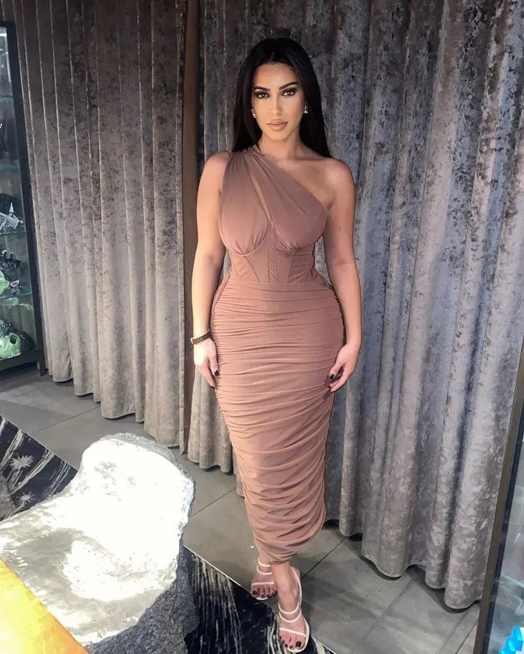 Purpdrank - One Shoulder Mesh Sexy Bodycon Dresses Women  White Pleated Mini Summer Dress Vestidos Elegant Club Party Dresses