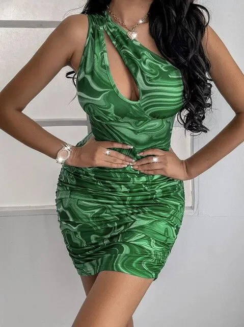 Purpdrank - One Shoulder Mesh Sexy Bodycon Dresses Women  White Pleated Mini Summer Dress Vestidos Elegant Club Party Dresses