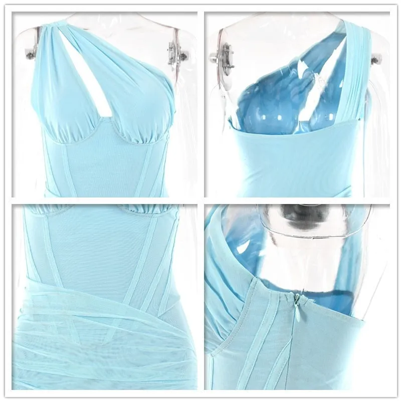 Purpdrank - One Shoulder Mesh Sexy Bodycon Dresses Women  White Pleated Mini Summer Dress Vestidos Elegant Club Party Dresses