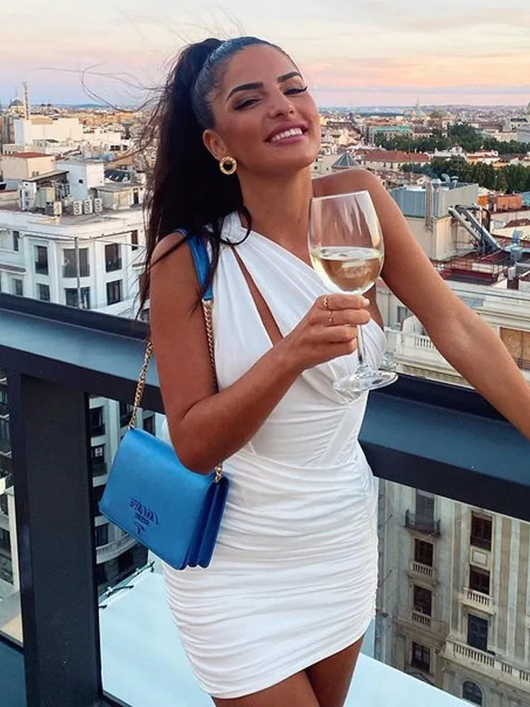 Purpdrank - One Shoulder Mesh Sexy Bodycon Dresses Women  White Pleated Mini Summer Dress Vestidos Elegant Club Party Dresses