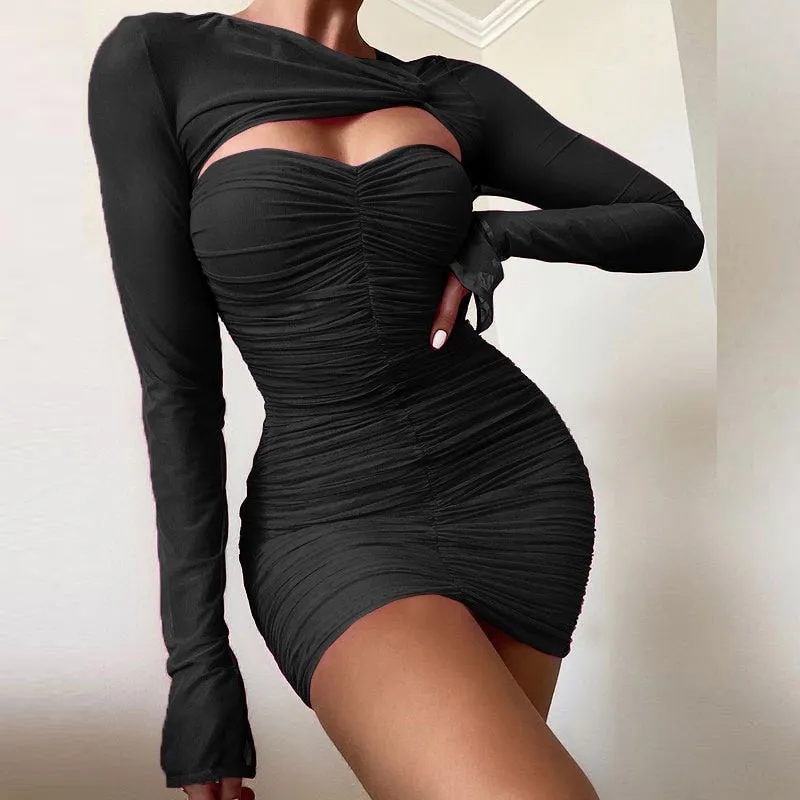 Purpdrank - One Shoulder Mesh Sexy Bodycon Dresses Women  White Pleated Mini Summer Dress Vestidos Elegant Club Party Dresses