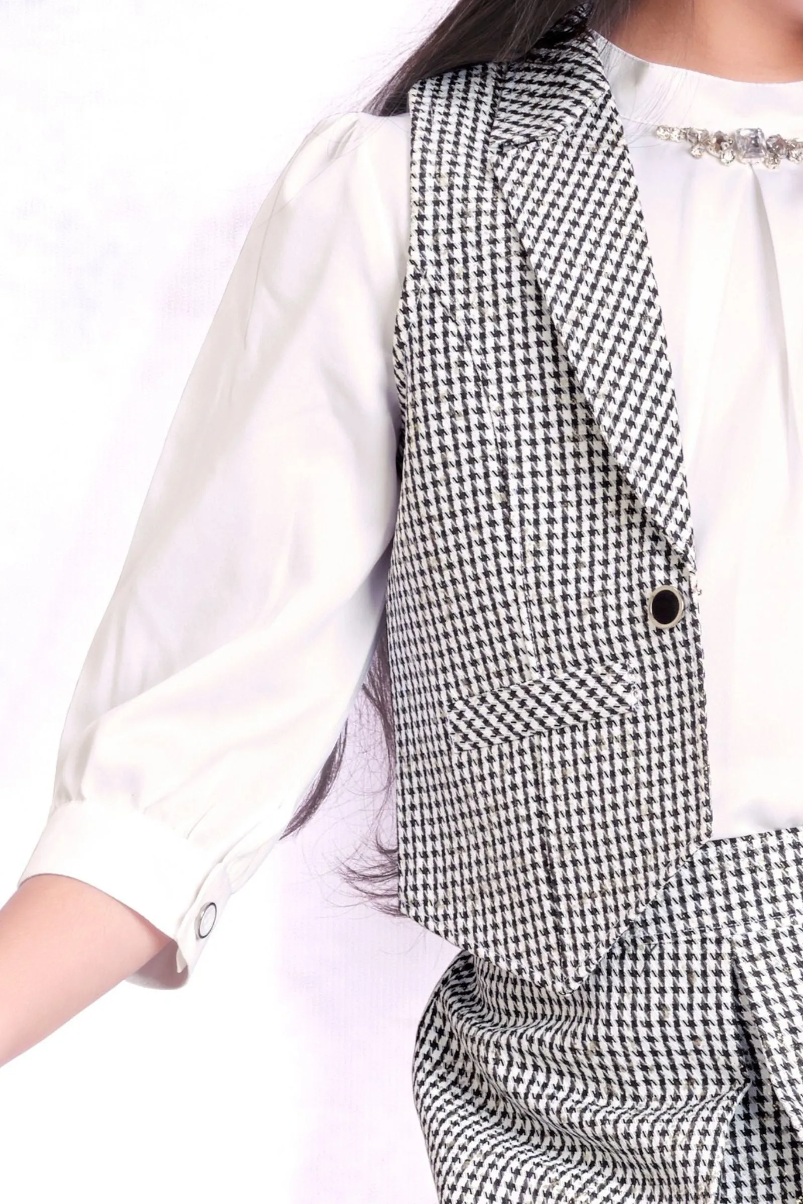 White with Black Printed and Zari work Top and Overcoat with Divider Skirt for Girls
