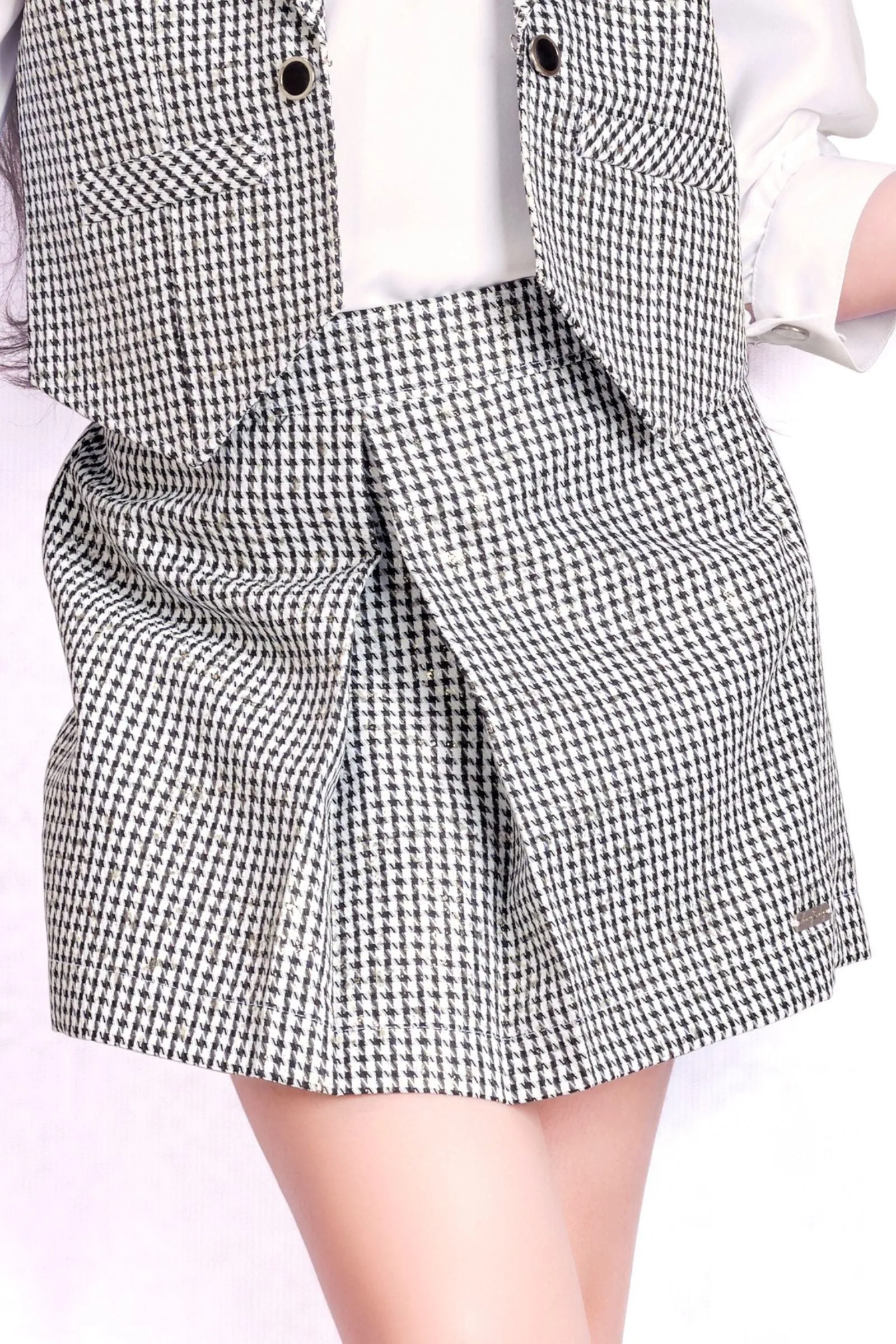 White with Black Printed and Zari work Top and Overcoat with Divider Skirt for Girls