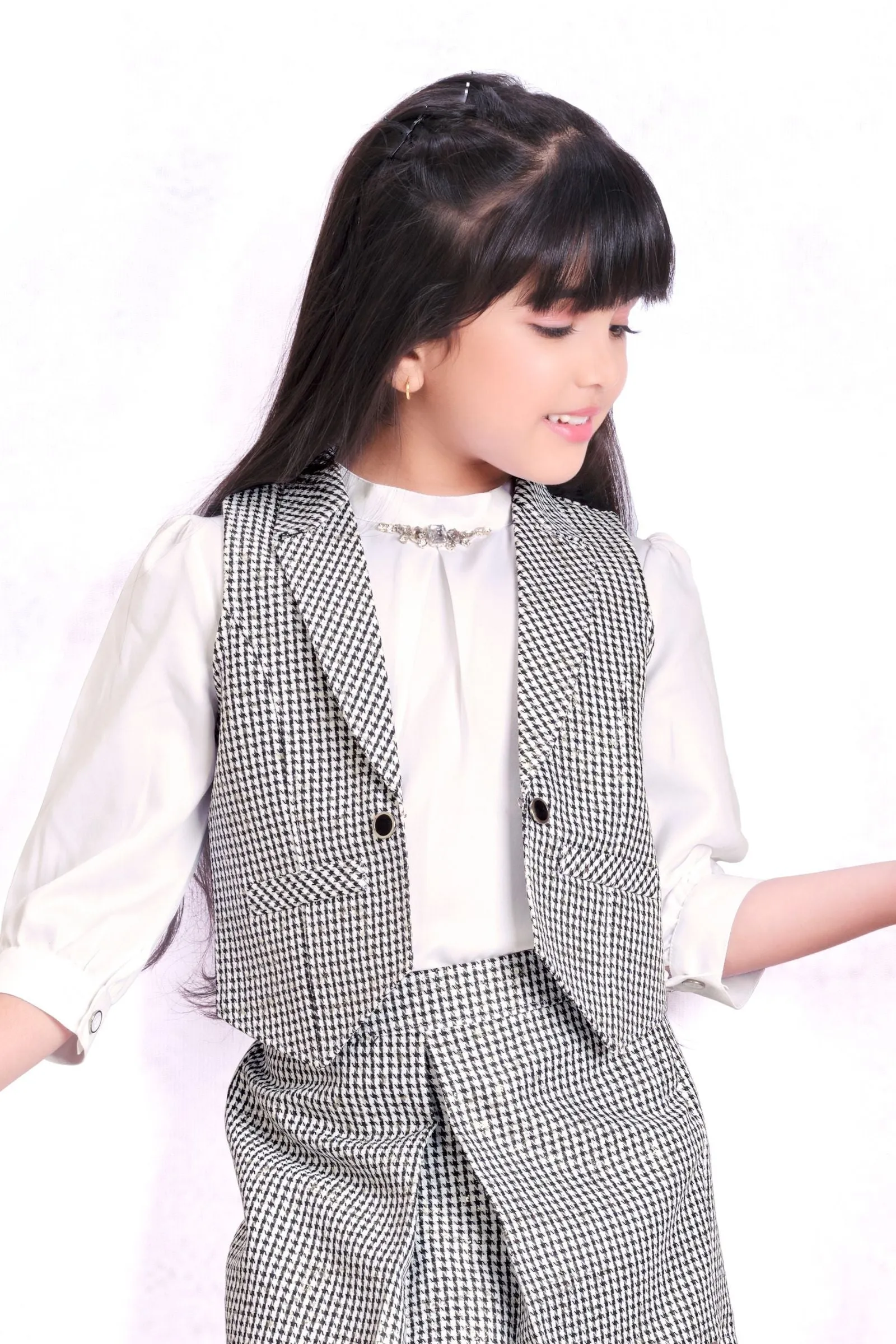 White with Black Printed and Zari work Top and Overcoat with Divider Skirt for Girls