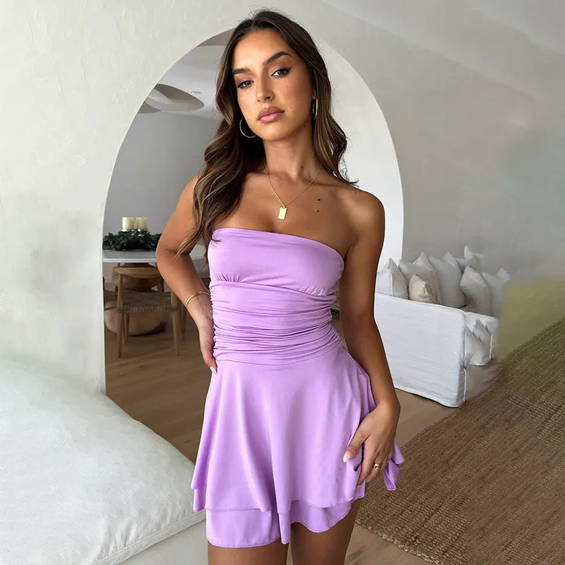 Wjczt olivia rodrigo costume 2024 Women's Spring New Elegant Tube Top Stitching Pleated Pullover Solid Color Short Dress