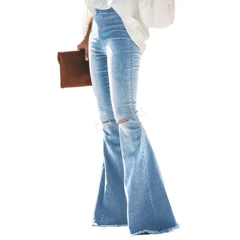 Women Ripped Hole Flare Jeans Pants Slim Sexy Vintage Bootcut Wide Leg Flared Jeans Office Lady Bell Bottoms Denim Pants LJJA2977