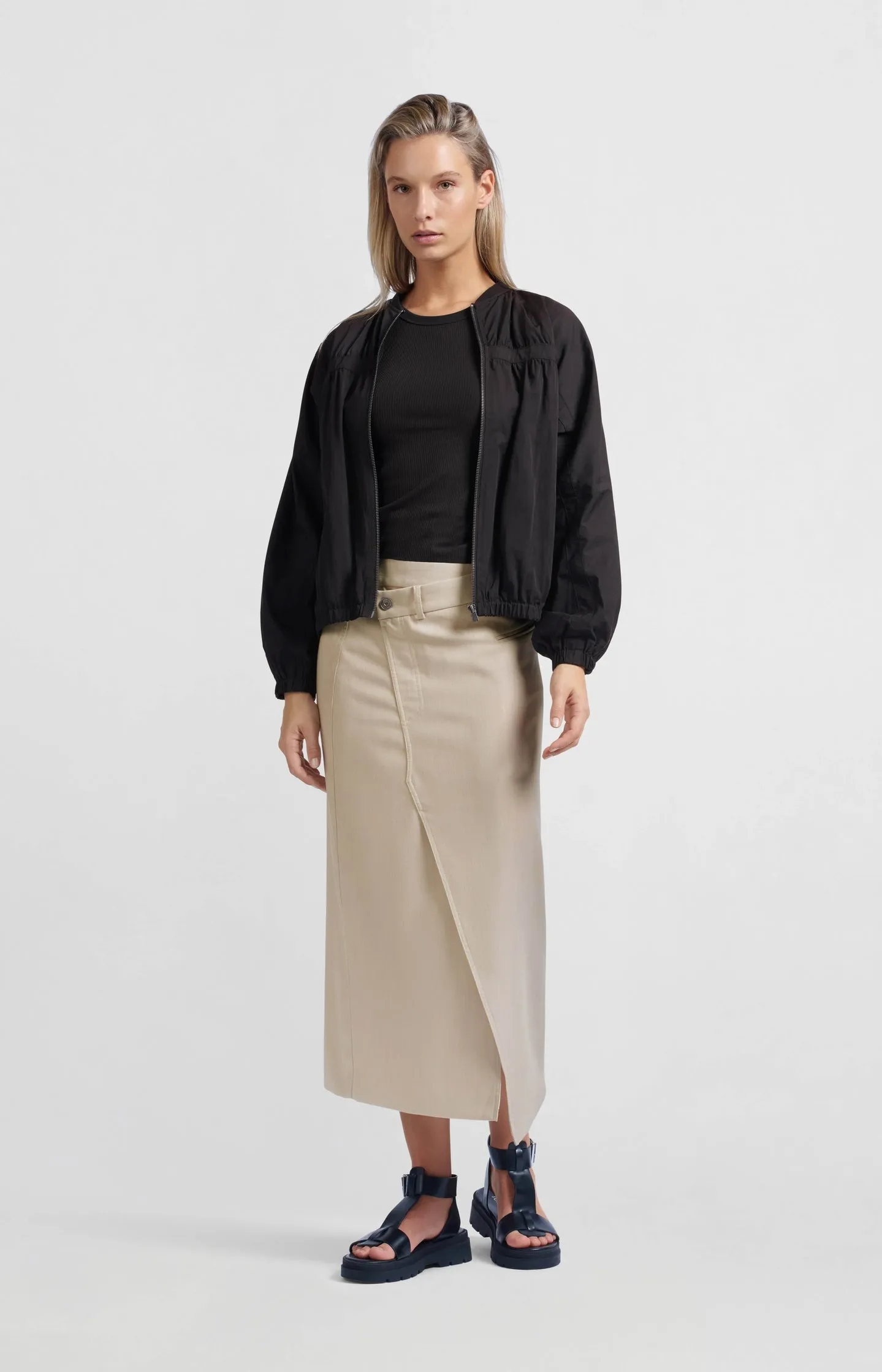 Woven melange midi skirt with slit